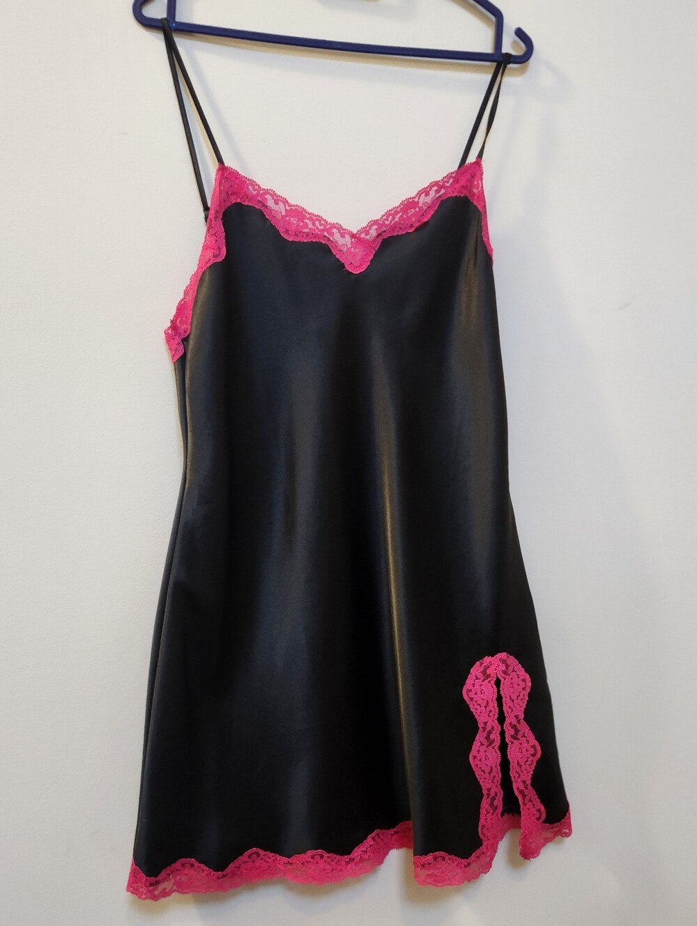 "Vintage Victoria's Secret" Black Satin Slip Dress with Pink Lace Trim